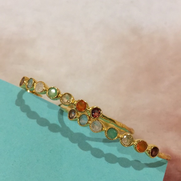 Shaanti Natural Gemstone Encrusted Hoop Earrings Gold Toned Alloy NWT 1.75” hoop - Picture 11 of 11